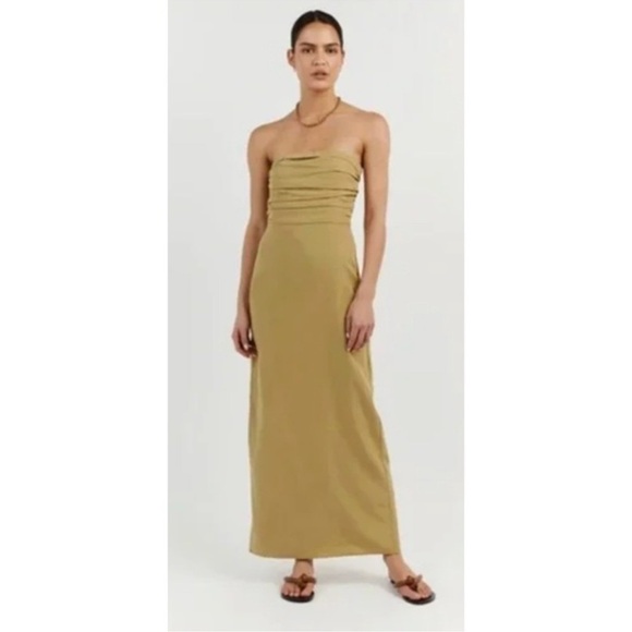DISSH Dresses & Skirts - DISSH Shelby Pistachio Midi Linen Blend Dress Ruched Strapless Back Slit Size 4